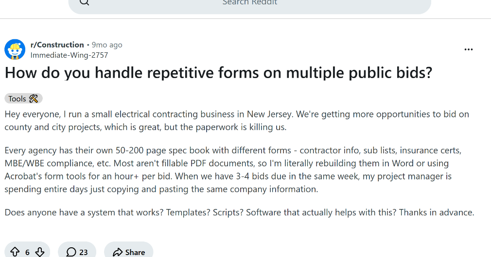 Reddit post about repetitive forms and 50 to 200 page spec books