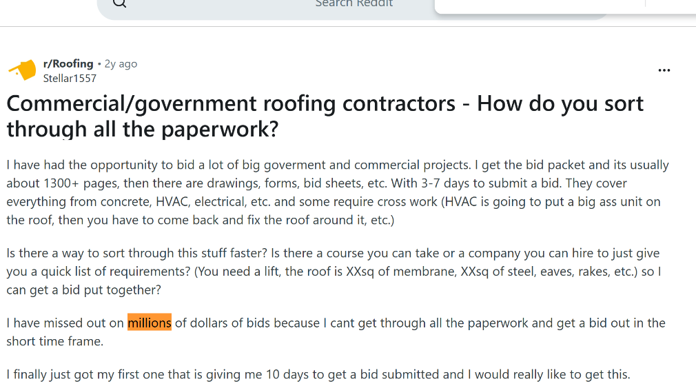 Reddit post about missing millions in bids because of paperwork