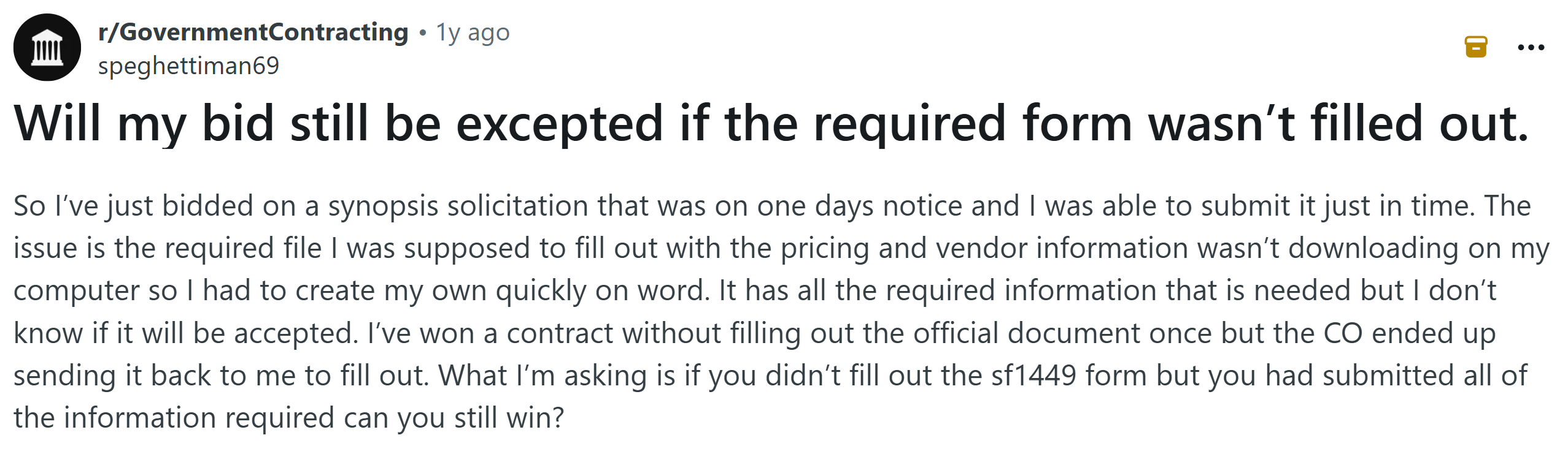 Reddit post about a required form not being filled out