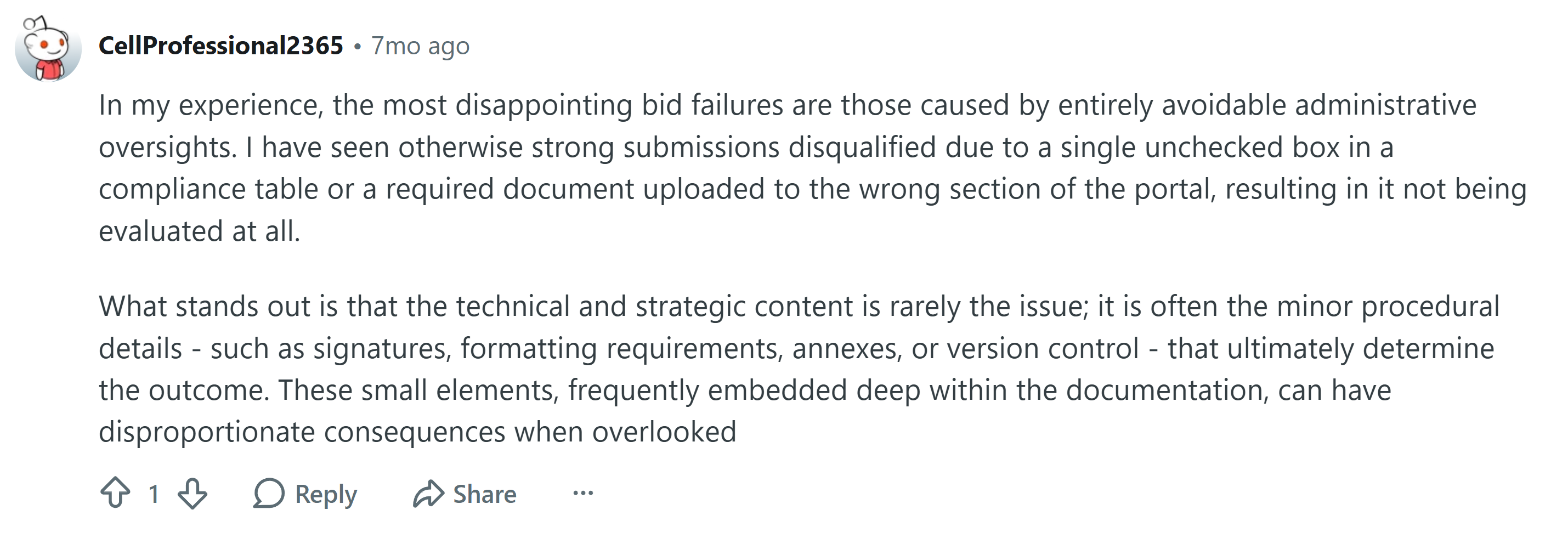 Reddit comment about bids failing due to administrative oversights